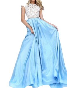Fanmu Cap Sleeve A Line Lace Satin Prom Dresses Evening Gowns Blue US 14