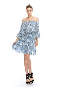 Lolas - Flirty off-shoulder boho blue feather print chiffon party dress, s, m or l
