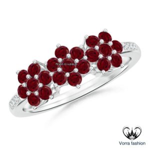 Flower Wedding Band Ring Round Cut Red Garnet 14K White Gold Plated 925 Silver