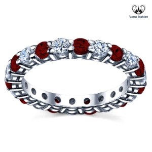Full Eternity Band Engagement Ring Red Garnet & CZ White Gold Plated 925 Silver