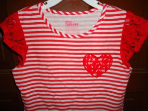 Girls Epic Threads Macys Striped Red White Heart Valentines Day SS Shirt 5,6,6X