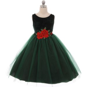 Green Floral Design Velvet Bodice Three Layers Tulle Roses on Waist Girl Dress