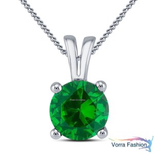 Vorra Fashion - Green sapphire white gold plated 925 silver women's solitaire pendant w/ chain