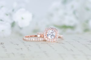 Halo Engagement Ring Cushion Cut Sim Diamond 14k Rose Gold Finish For Women's