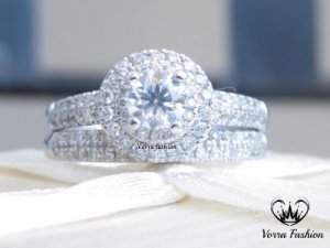 Vorra Fashion - Halo round cut diamond white gold over solid 925 silver bridal wedding ring set