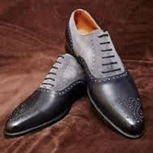 Handmade men dress leather brogue two tone shoes,Men black and gray formal shoes