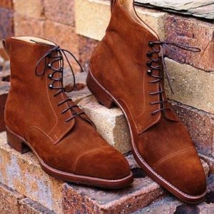 Handmade Men's Tan color cap toe ankle boots, Men suede tan color laceup boots