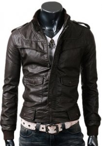 Handmade Men Slim Brown Leather Jacket with Chest Panel and Flap Double Pocket