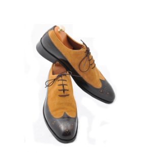 Handmade Men Two Tone Wingtip Formal Shoes, Men Black And Tan Suede Shoes