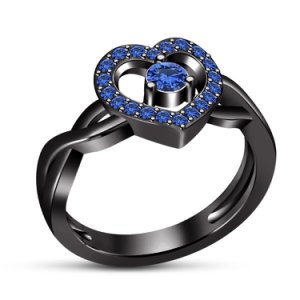 Heart Design 14k Black Gold Fn Round Cut Blue Sapphire Diamond Woman's  Ring