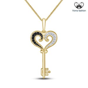 Heart Shape Key Pendants With Chain For Womens 14k Yellow Gold Plated 925 Silver