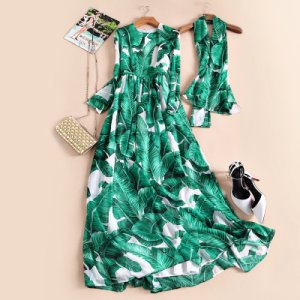 high quality long-sleeve banana leaf elegant full print dress spring summer dres