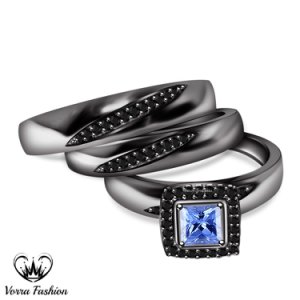 His & Her Engagement Ring Trio Set Blue Sapphire Black Gold Finish 925 Silver