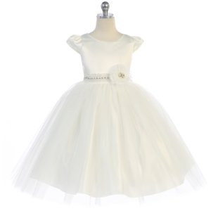 Ivory Cap-Sleeve Two Tone Satin Tulle Pearls Rhinestones Waistline Girl Dress