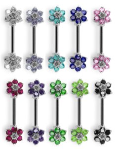 Jeweled Flower 925 Sterling Silver with Stainless Steel Nipple Ring