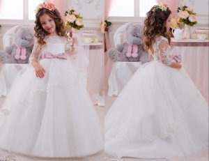 Long Sleeve Ball Gown Flower Girl Dress Pageant Party Dress For Wedding