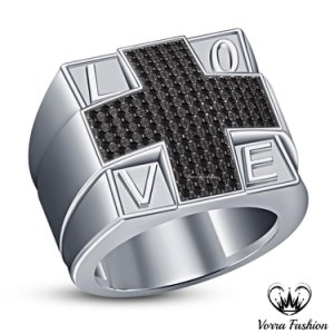 Love Men's Wedding Band Ring Black Diamond White Gold Plated 925 Sterling Silver