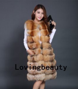 Lovingbeauty Long Golden Island Fox Fur Waistcoat Plus Size Gold Fox Fur Gilet