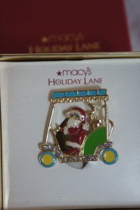 Macy's Holiday Lane Brooch Gold Platted Santa Golf Cart Multi Color Rhinestone