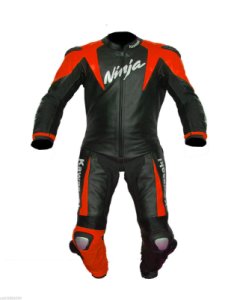 Men Kawasaki Ninja Red Black Biker Cowhide Leather 2 Piece Suit CE Approved Pads