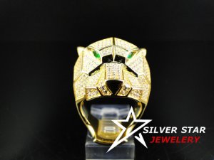 Men's 14K Yellow Gold Finish Green Emerald & Simulated Diamond Tiger Ring