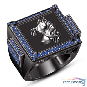Men's Band Wedding Horse Ring In Blue Sapphire Black Gold Finish Pure 925 Silver