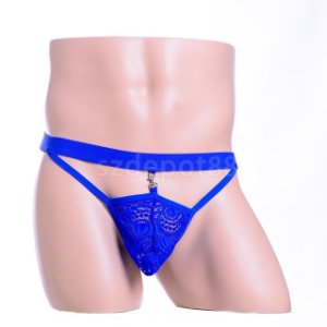 Men's Sexy Low Rise Underwear Peacock Tail Lace with Key Chain Thongs Pouch
