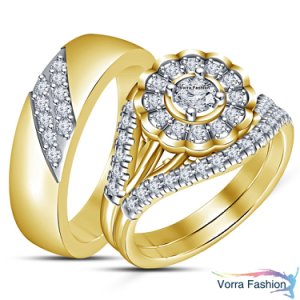 Men's Women's Trio Engagement Ring Set 14k Gold Plated Pure 925 Silver Diamond