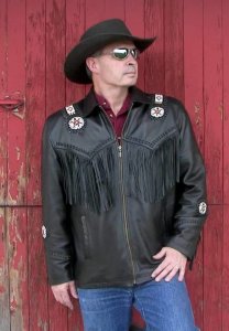 Mens Black Western Cowboy Leather Jacket coat With Fringe and Beads