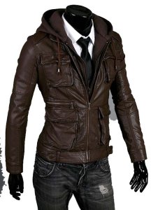 MENS DETACHABLE FABRIC HOODED LEATHER JACKET, MEN LEATHER JACKET, HOODED JACKET