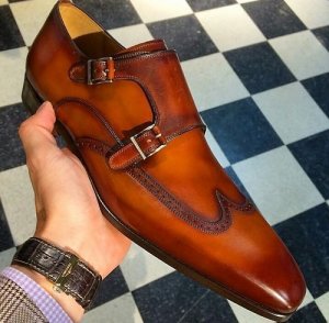 Mens fashion Tan brown wingtip leather shoes, Men tan brown formal monk shoes