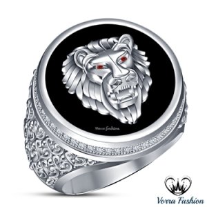 Mens Lion Band Wedding Ring White Gold Over 925 Pure Silver Round Cut Red Garnet