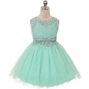 Mint Mini Lace Bodice Rhinestones Neckline Waistline Birthday Flower Girl Dress