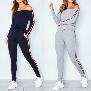 New Fashion Women 2 Pieces Tracksuit Long Sleeve Off Shoulder Grey Striped Sweat