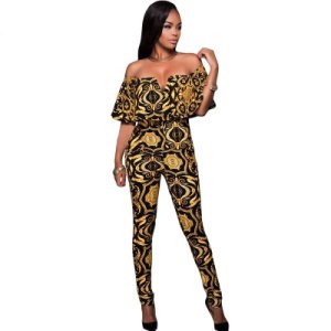 Unbranded - New ladies black yellow tapestry print belted off shoulder jumpsuit stage dance