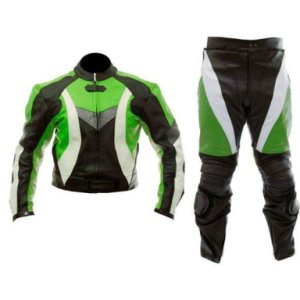 New Mens Green White Black Motorcycle Leather Suit Leather Jacket and Pants