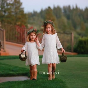 New White Knee Length Flower Girl Dress Bridesmaid Lace Long Sleeve Gowns