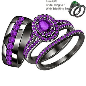 Oval Shape Purple Amethyst 14K Black Gold His-Her Wedding Trio RIng Set