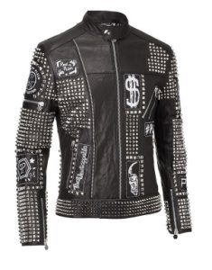 Philip Plein Full Black Handmade Studded Emroidery Patches Leather jacket