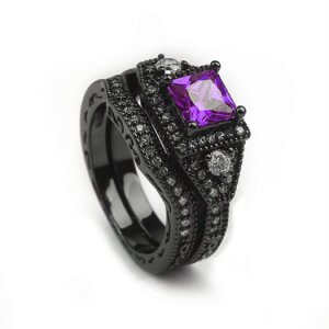Princess Cut Amethyst & Sim Diamond 14K Black Gold Over Wedding Bridal Ring Set