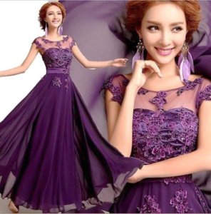 Purple Evening Gown Bridesmaid Prom Dress Formal Party Ball Gowns Pearl Lace