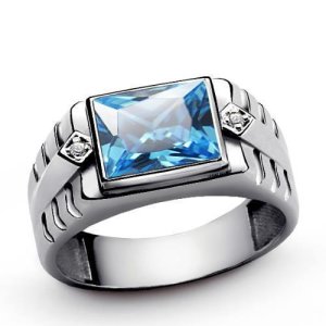 Rectangle BLUE TOPAZ Mens Ring in Solid 925 Sterling Silver with DIAMOND Accents