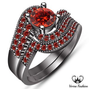 Red Garnet 10k Black Gold Finish 925 Silver Promise Engagement Bridal Ring Set