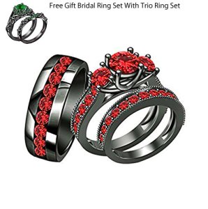 Round Shape Red Garnet 14K Black Gold Finish His-Her Wedding Trio Ring Set