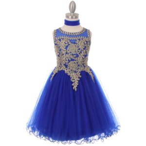 Royal Blue Fabulous Gold Trimmed Corset Back Closure Wired Tulle Skirt Dress