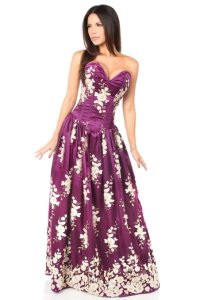 Sexy Elegant Plum Floral Embroidered Steel Boned Long Corset Dress