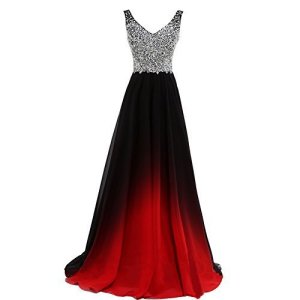 Sheer Beaded Black Gradient Red Chiffon Long Prom Evening Dresses US 6