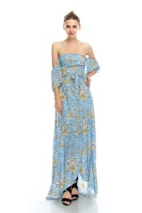 Sky Blue Floral Print Romantic Off Shoulder Maxi Dress S M or L