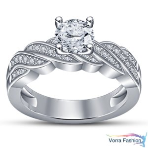 Solitaire W/ Accents Engagement Ring In Sim Diamond White Gold Plated 925 Silver