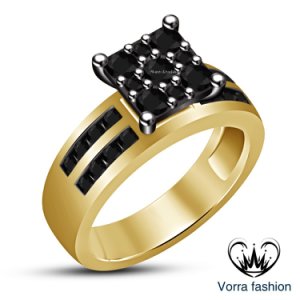 Solitaire With Accents Ladies Ring Black Cz 925 Silver 18k Yellow Gold Fn Pure
